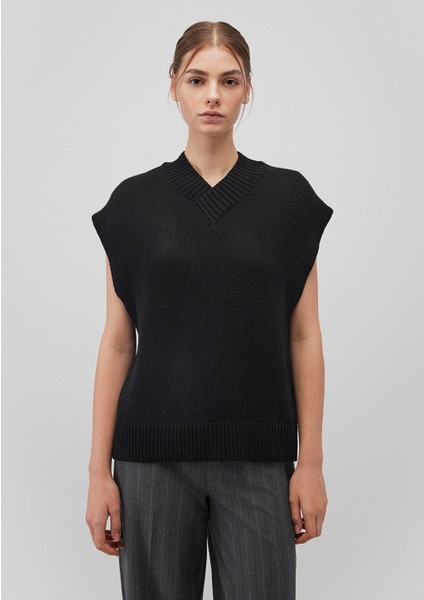 Yün Karışımlı V Yaka Siyah Süveter 1710573-900