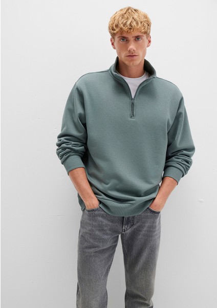 Yarı Fermuarlı Yeşil Basic Sweatshirt 0S10278-71577