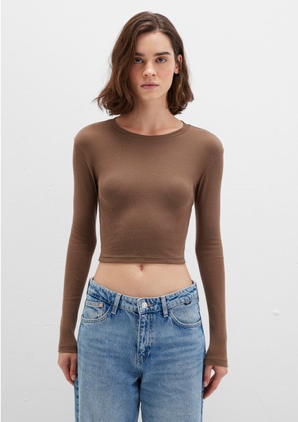 Uzun Kollu Kahverengi Crop Basic Tişört 1612822-81959