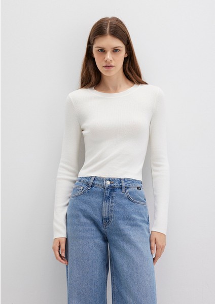 Bisiklet Yaka Ekru Crop Kazak 1710474-70057