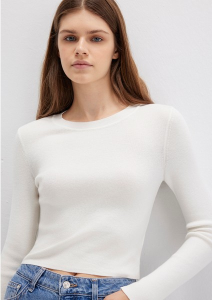 Bisiklet Yaka Ekru Crop Kazak 1710474-70057