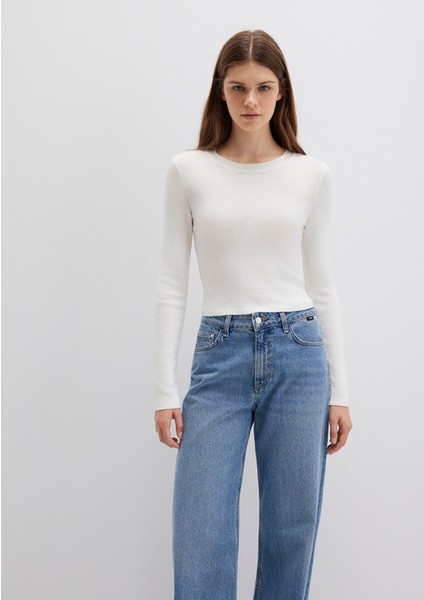 Bisiklet Yaka Ekru Crop Kazak 1710474-70057