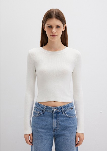 Bisiklet Yaka Ekru Crop Kazak 1710474-70057