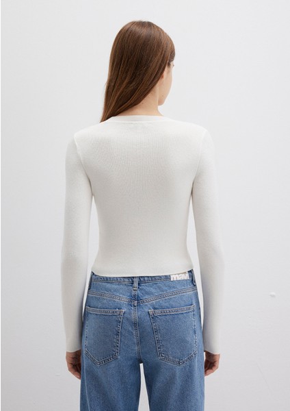 Bisiklet Yaka Ekru Crop Kazak 1710474-70057