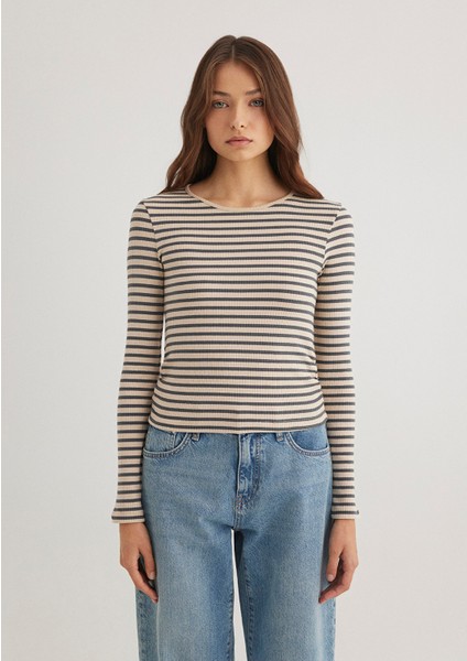 Çizgili Bej Tişört 1612648-88032