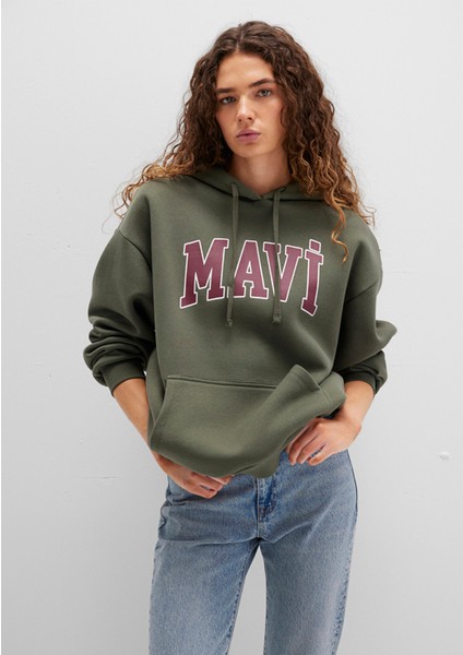 Mavi Logo Baskılı Kapüşonlu Haki Sweatshirt 1600361-71581