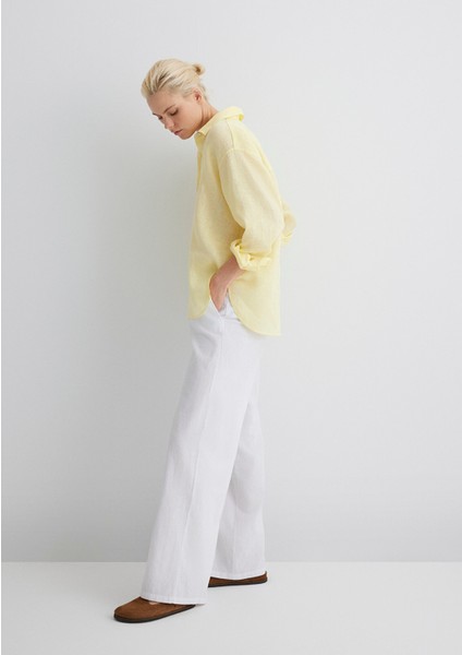 Beli Bağcıklı Keten Karışımlı Beyaz Pantolon 1010686-620