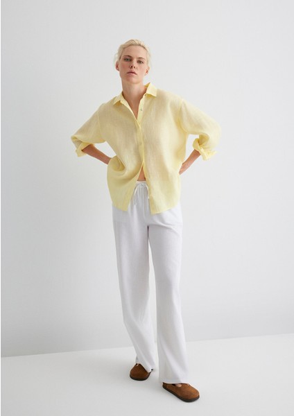 Beli Bağcıklı Keten Karışımlı Beyaz Pantolon 1010686-620