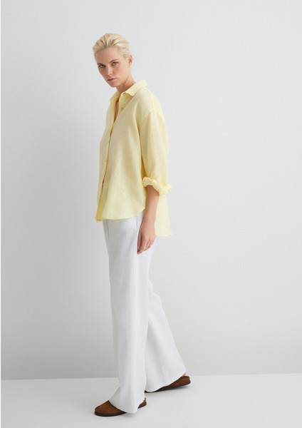 Beli Bağcıklı Keten Karışımlı Beyaz Pantolon 1010686-620