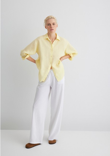 Beli Bağcıklı Keten Karışımlı Beyaz Pantolon 1010686-620