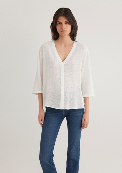 V Yaka Ekru Bluz 1210798-70057