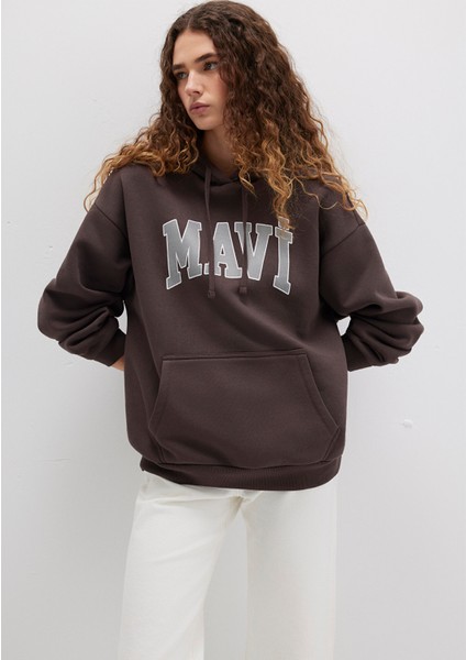 Mavi Logo Baskılı Kapüşonlu Kahverengi Sweatshirt 1600361-70222