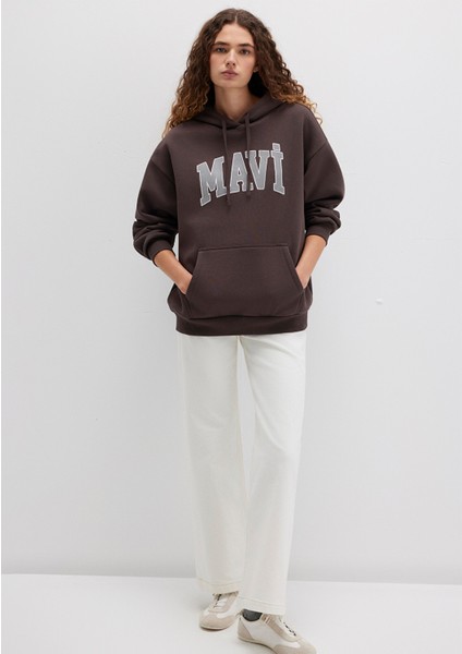 Mavi Logo Baskılı Kapüşonlu Kahverengi Sweatshirt 1600361-70222
