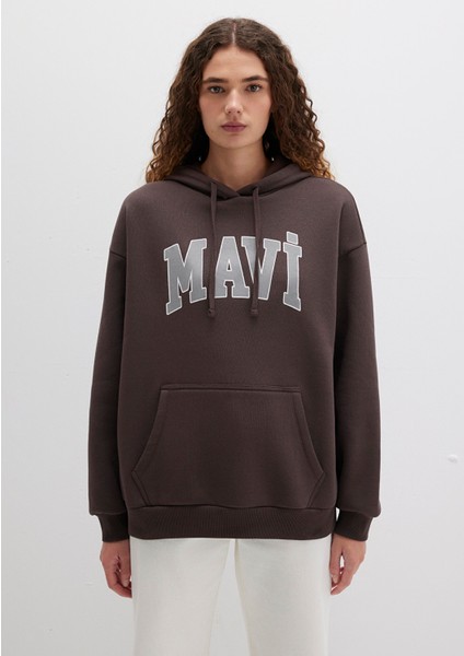 Mavi Logo Baskılı Kapüşonlu Kahverengi Sweatshirt 1600361-70222