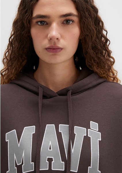 Mavi Logo Baskılı Kapüşonlu Kahverengi Sweatshirt 1600361-70222