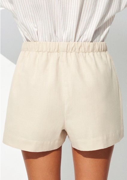 Keten Karışımlı Bej Şort 1410128-70039