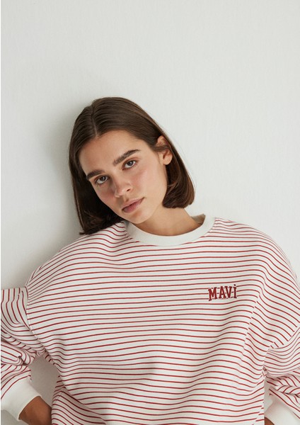 Mavi Logo Baskılı Kırmızı Çizgili Sweatshirt 1S10100-86680