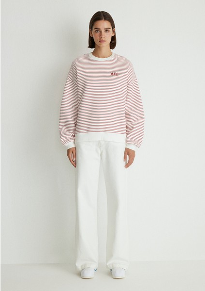 Mavi Logo Baskılı Kırmızı Çizgili Sweatshirt 1S10100-86680