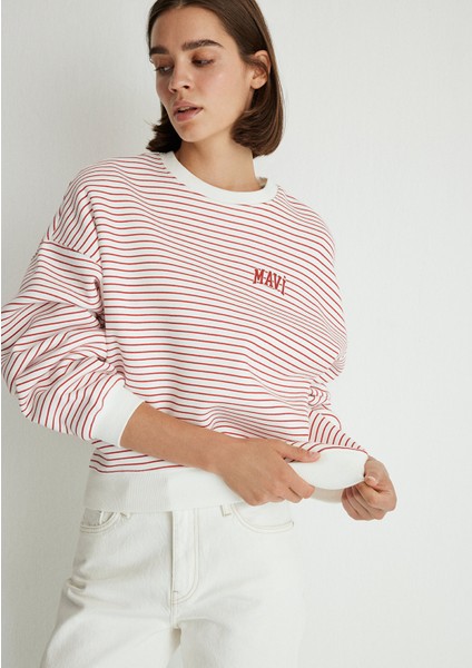 Mavi Logo Baskılı Kırmızı Çizgili Sweatshirt 1S10100-86680