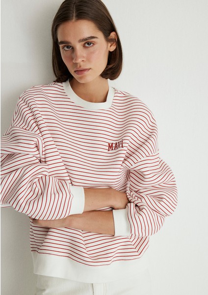 Mavi Logo Baskılı Kırmızı Çizgili Sweatshirt 1S10100-86680