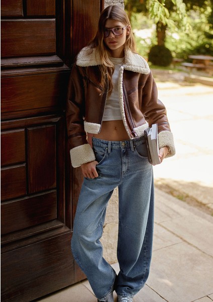 Suni Kürk Detaylı Kahverengi Suni Deri CEKET1110462-87011