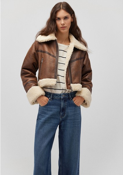 Suni Kürk Detaylı Kahverengi Suni Deri CEKET1110462-87011