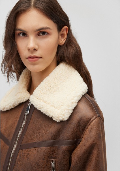 Suni Kürk Detaylı Kahverengi Suni Deri CEKET1110462-87011