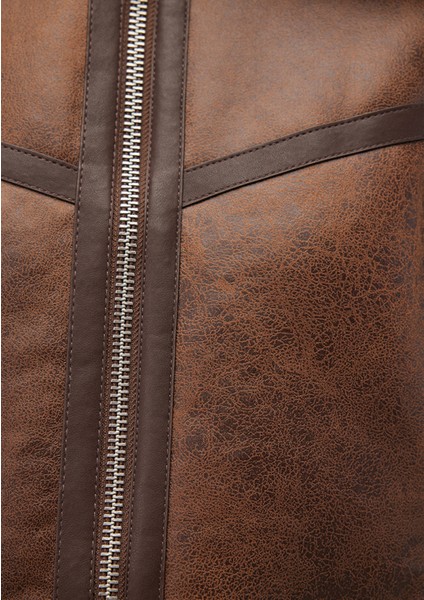 Suni Kürk Detaylı Kahverengi Suni Deri CEKET1110462-87011