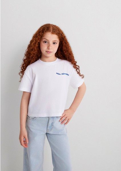 Miav Baskılı Beyaz Crop Çocuk Tişört 7610180-620