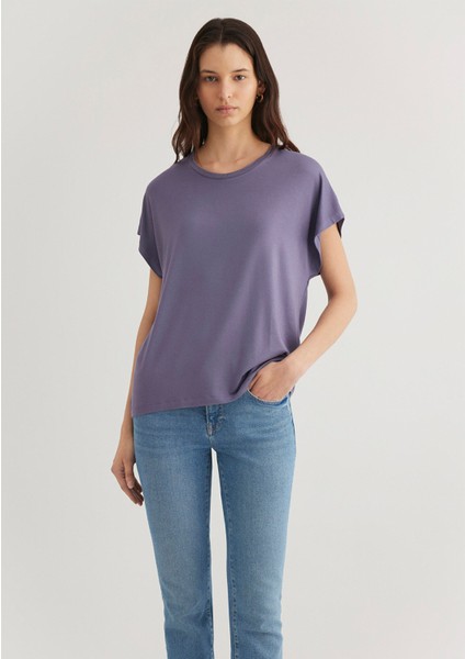Düşük Omuz Mor Basic Tişört 1611649-70608