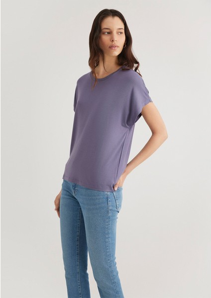 Düşük Omuz Mor Basic Tişört 1611649-70608