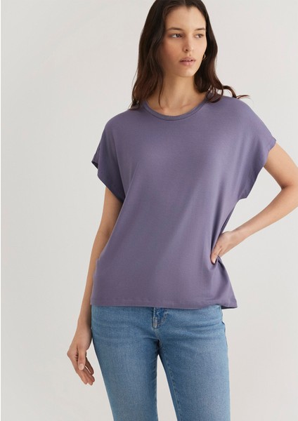 Düşük Omuz Mor Basic Tişört 1611649-70608