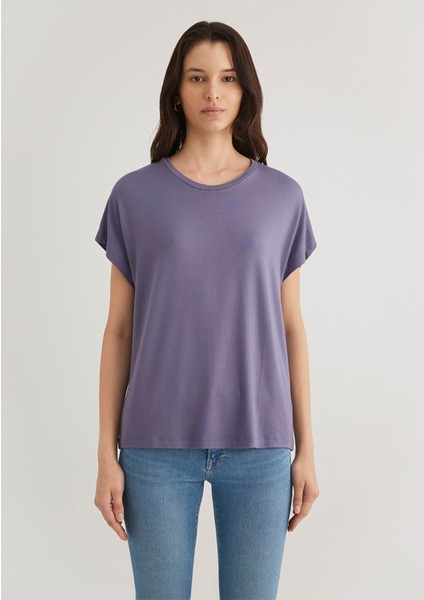 Düşük Omuz Mor Basic Tişört 1611649-70608