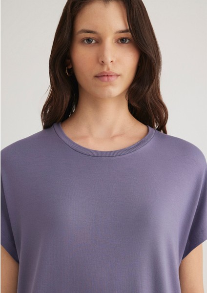 Düşük Omuz Mor Basic Tişört 1611649-70608