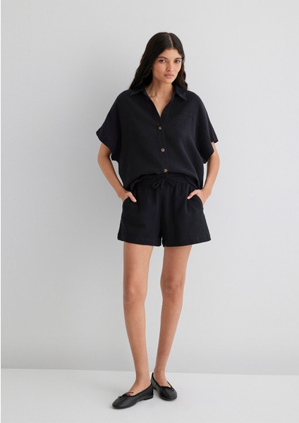 Dokulu Siyah Gömlek 1210758-900