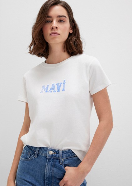 Mavi Baskılı Beyaz Tişört 1612232-70057