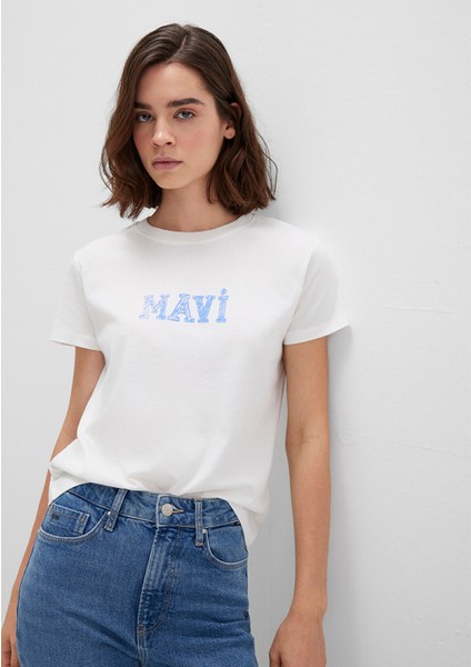 Mavi Baskılı Beyaz Tişört 1612232-70057