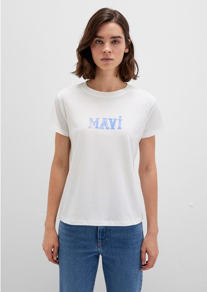 Mavi Baskılı Beyaz Tişört 1612232-70057