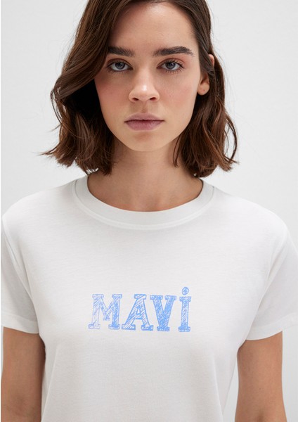 Mavi Baskılı Beyaz Tişört 1612232-70057