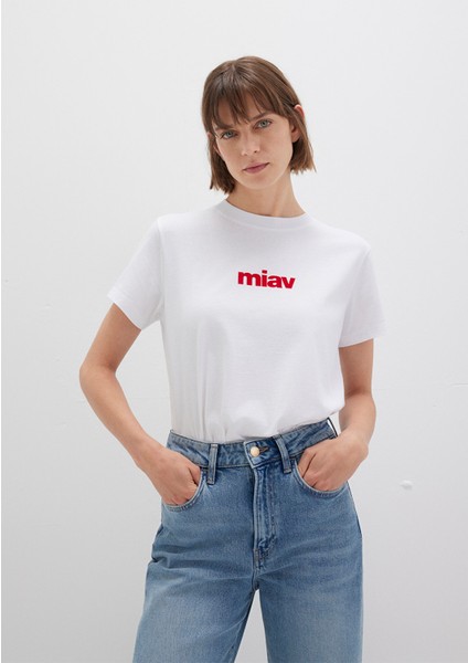 Kırmızı Miav Baskılı Beyaz Tişört 1610622-86417