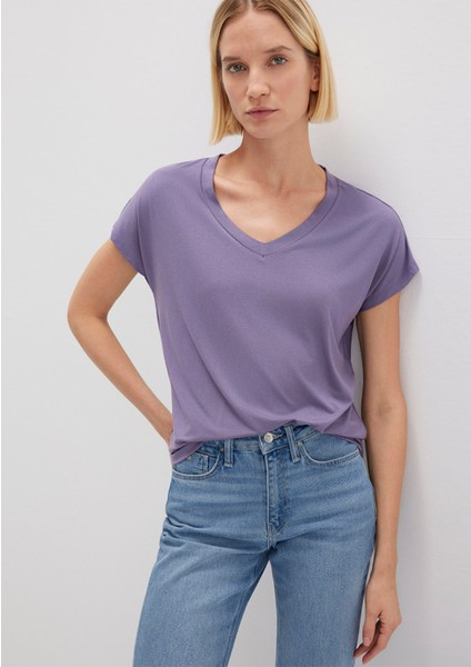 V Yaka Mor Basic Viskoz Tişört 167714-70608