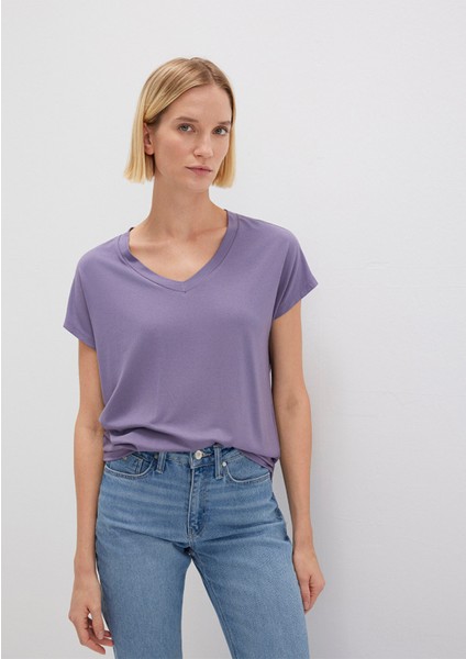 V Yaka Mor Basic Viskoz Tişört 167714-70608