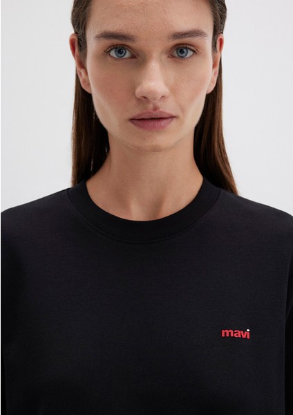 Mini Mavi Logo Baskılı İnterlok Siyah Basic Tişört 1612122-900