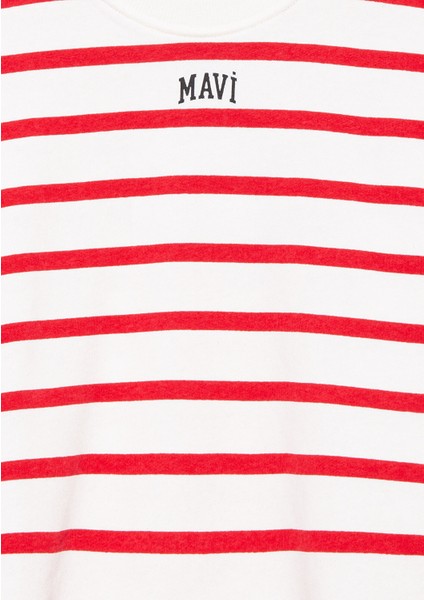 Mavi Logo Baskılı Kırmızı Çizgili Sweatshirt 7S10038-82054