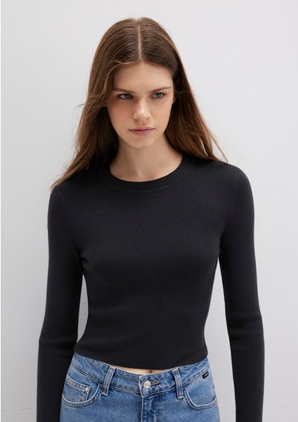 Bisiklet Yaka Siyah Crop Kazak 1710474-900