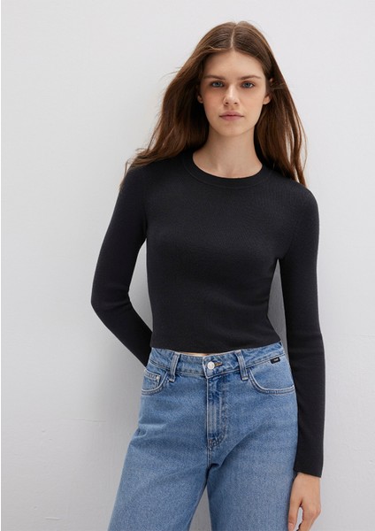 Bisiklet Yaka Siyah Crop Kazak 1710474-900