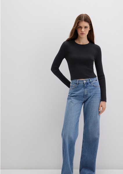 Bisiklet Yaka Siyah Crop Kazak 1710474-900