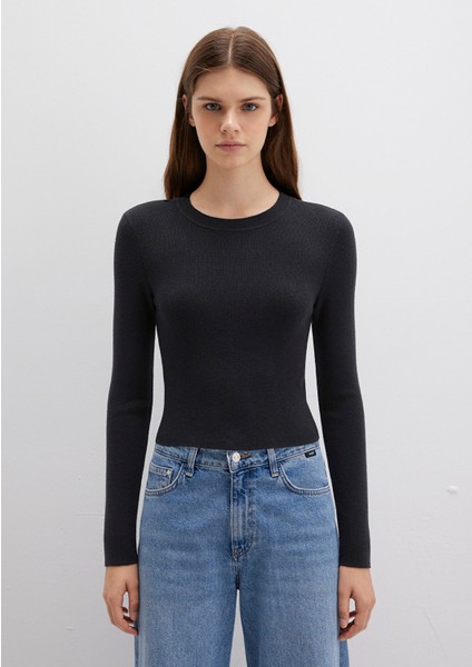 Bisiklet Yaka Siyah Crop Kazak 1710474-900