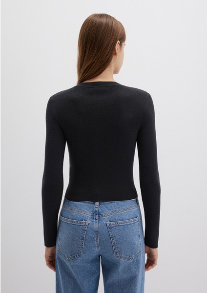 Bisiklet Yaka Siyah Crop Kazak 1710474-900