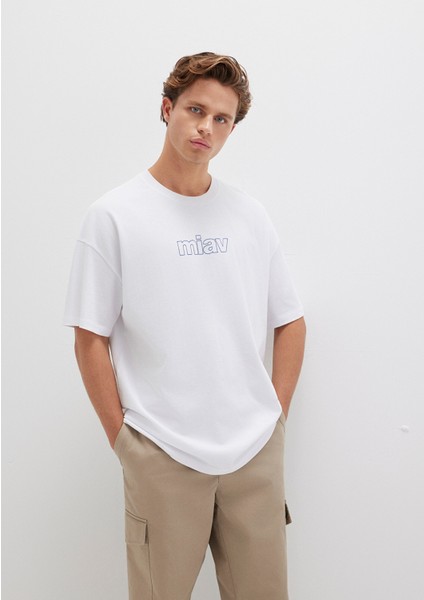 Miav Baskılı Oversize Beyaz Tişört 0611704-620